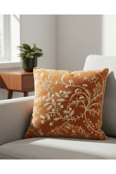 REDTAG Brown Embroidered Velvet Cushion
