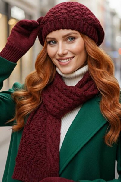 Mood Agenda Women's 3-Piece Knitted Patterned Beanie Scarf Gloves Set