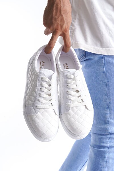 Lucy Shoes SLW166 Prestige Lace-Up Skin Quilted Pattern Men's Casual Sneaker Shoes CBT - White