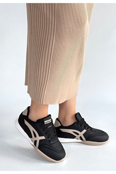 Erbilden Zlay Black Leather Beige Detailed Lace-Up Sneakers