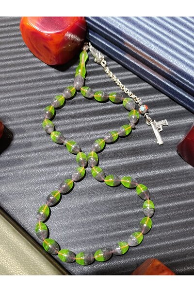 Anemore Collection سبحة كهرمان بودرة خضراء - لون أسود