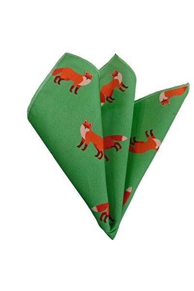 Exve Exclusive Fox Print on Green 100% Cotton Organic Certified Extra Stitched Pocket Collar Handkerchief in the Middle