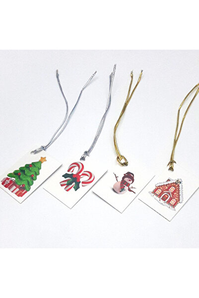 Bimotif 4lü yılbaşı ağaç süsü, sallantı kartı, 4x6 cm, (İpler dahildir)