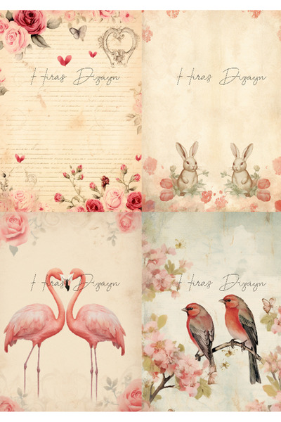 Hiras Dizayn Sevgili Çift Hayvanlar Kalpler Desenli A4 Sevgiliye Mektup Kağıd...