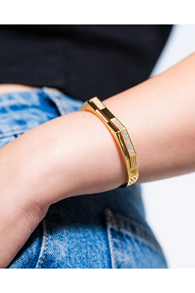 PASTELASTORE Altın Kaplama Sekizgen Damalı Kelepçe Bileklik