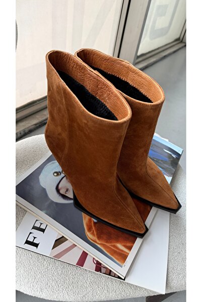 Eataly Shoes Taba Hakiki Süet Deri Sivri Burun Dikişli Kadın Bot