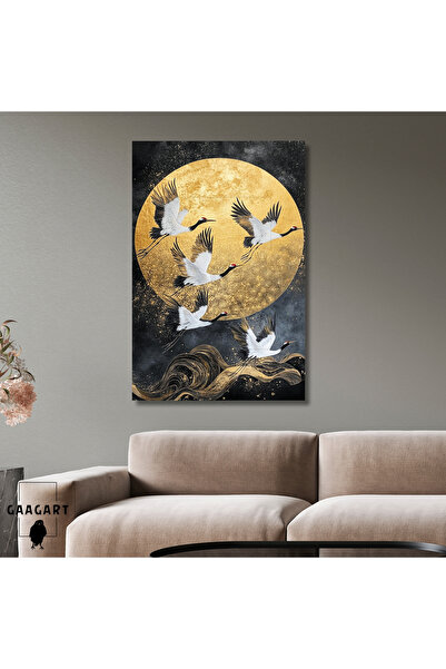GAAGART Tekli Dikey Kanvas Tablo Yağlı Boya Görünümlü Gold Ay ve Leylekler