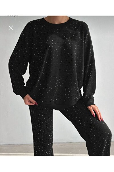 tülaybutik kadın modal kumaş siyah full taşlı alt üst eşofman takımı