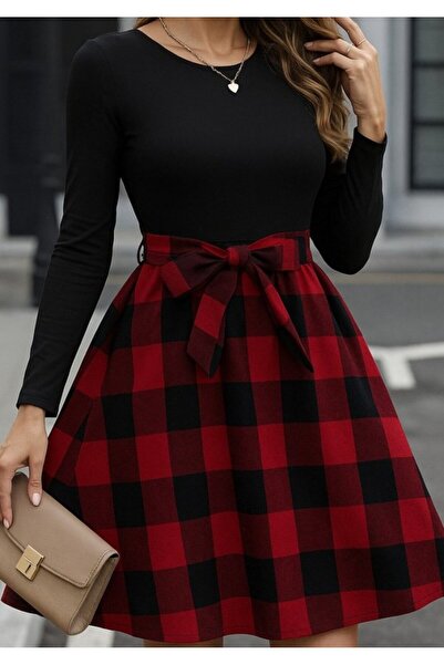 JANES Women's long sleeve crewneck top viscose bottom plaid short dress