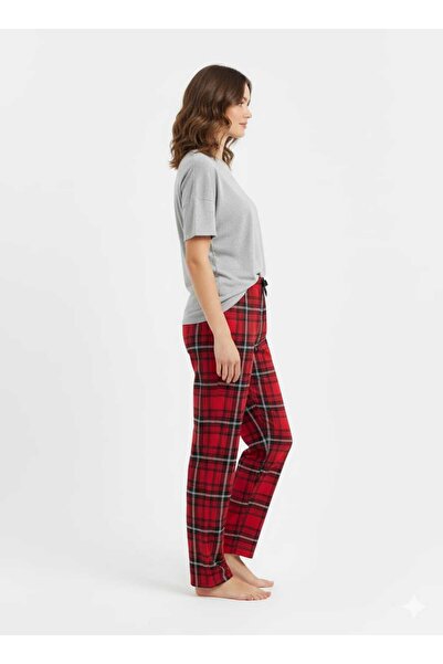 Lady Queen Women's High Quality Ring Viscose Red Plaid Patterned Elastic Waist Comfortable Soft Pajama Set