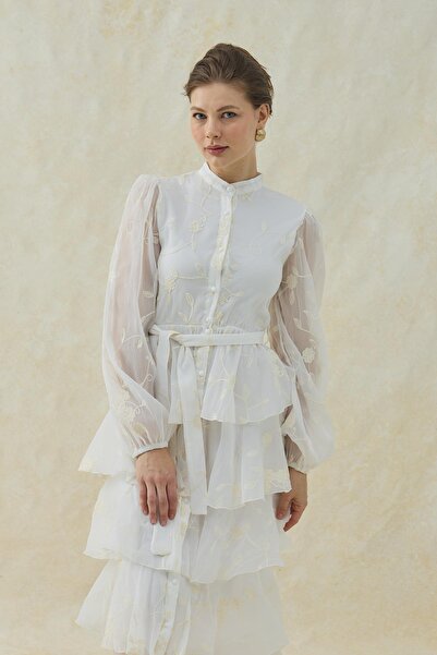 Elbee Fashion Woman Layered Chiffon Dress with Floral Embroidery Detail