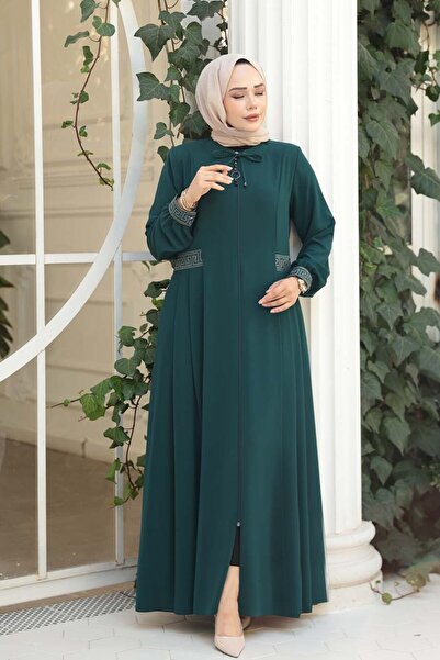 N.S NEVA STYLE Pile Detailed Emerald Green Hijab Ferace 45271Zy