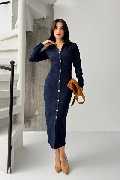 spirituel Kadın Elbise Denim Midi Şık Düğmeli Uzun Kollu Gömlek Yaka Regular Kot Elbise