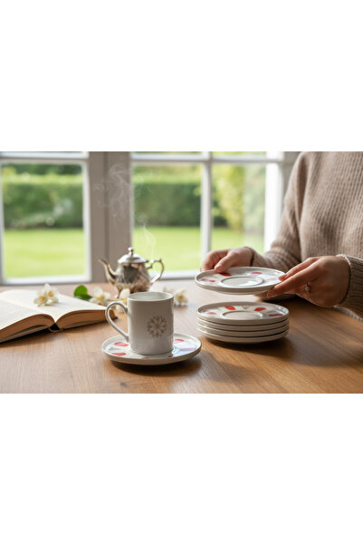 KÜTAHYA HOME Porcelain Acem Zade Red-Blue Coffee Cup Tea Saucer 12.5cm 12 Pcs