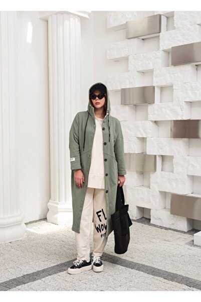 CELTMODA Women's Pocketed Hooded Oversized Buttoned Sports Cap - Green