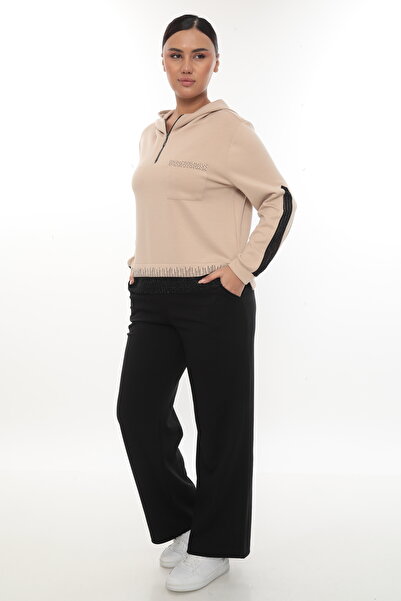 EXİTLİNE Women's Winter Paneled Pocket Hooded Stone Beige Tracksuit Set