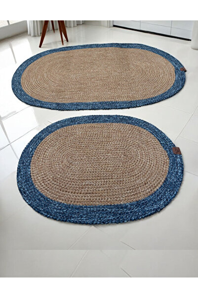 Home Inn Home Textile Blue Edged Wicker Look 2-Piece Oval Bath Mat Set - Handmade