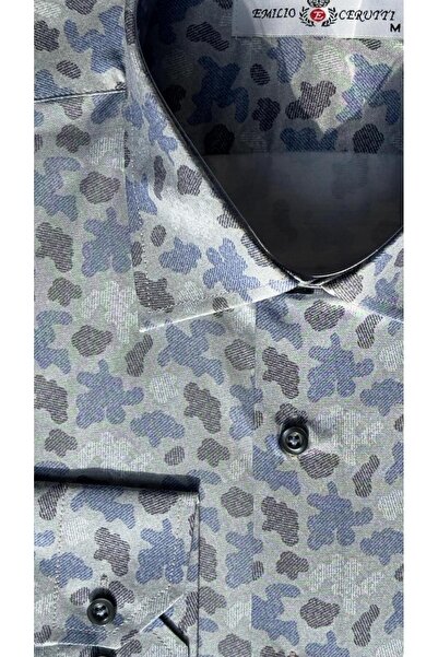 MDZ COLLECTION Gri Çok Renkli Desenli Uzun Kollu Slim Fit Erkek Gömlek