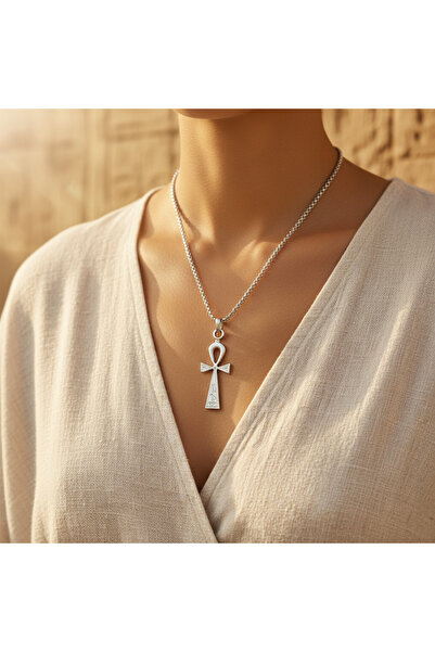 Alooya Ankh Anahtarı - Nil'in Anahtarı Gümüş Kaplama Örme Zincir Kolye