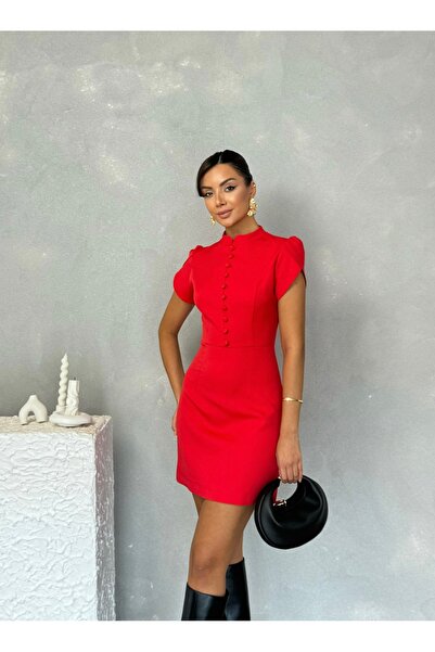 Nesil Belden Button Detailed Puff Shoulder Mini Special Occasion Casual Women's Amelia Dress