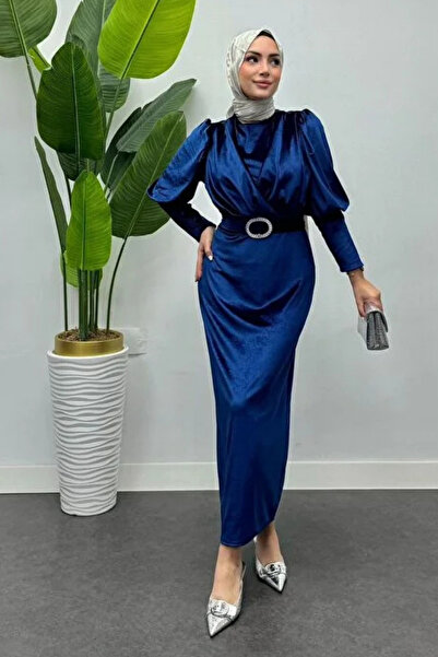 Tesettür Diyarı Βελούδινο Τεσσέρτουρ Βραδινό Φόρεμα με Ζώνη Σταυρωτής Κοπής -...