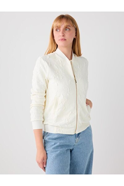 Jimmy Key Ecru Embossed Patterned Zippered Knitted Jacket