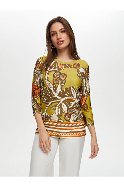 Faik Sönmez Women's Flower Pattern Round Neck T-Shirt 25Yus25Tsh097