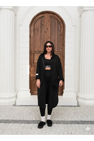 CELTMODA Women's Pocketed Hooded Oversized Buttoned Sports Cap - Black