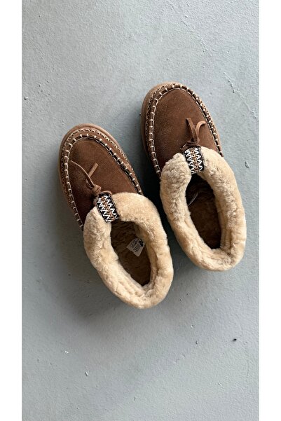 Eataly Shoes Γυναικείες παντόφλες μοκασίνι από γνήσιο δέρμα σουέτ με ραμμένη γούνα