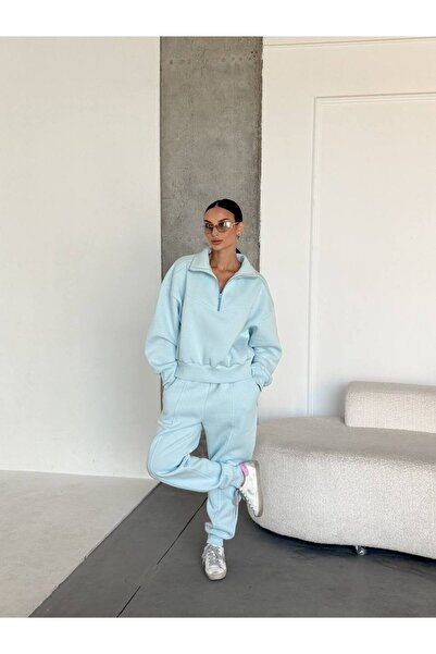 Elia Swimwear Women's Tracksuit Thick Cotton Oversize Sweatshirt And Pants Blue Mint Ariana