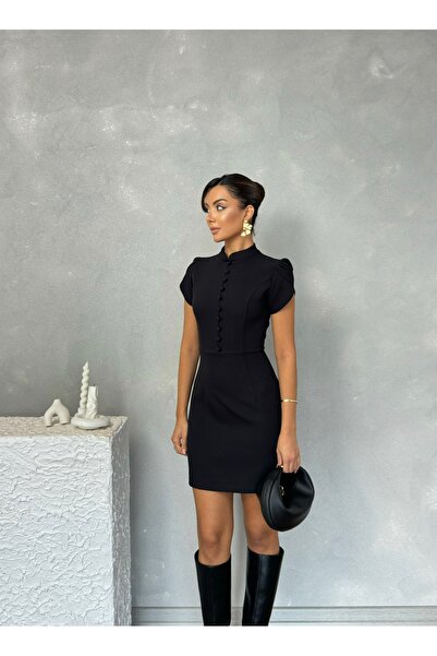 Nesil Belden Button Detailed Puff Shoulder Mini Special Occasion Casual Women's Amelia Dress