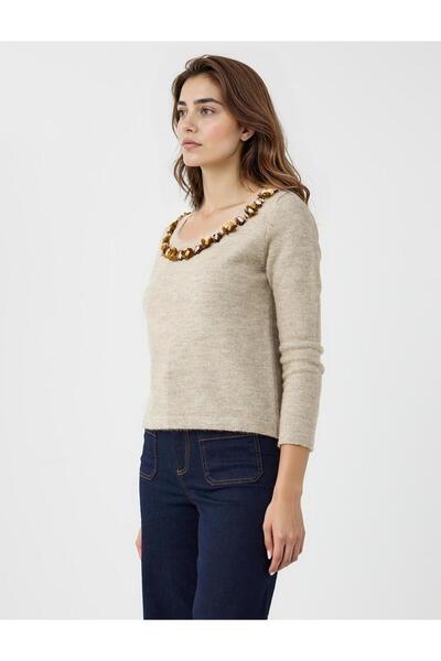 Jimmy Key Vizon U Yaka Uzun Kollu Yaka İşlemeli Triko Kazak