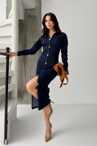 spirituel Kadın Elbise Denim Midi Şık Düğmeli Uzun Kollu Gömlek Yaka Regular Kot Elbise