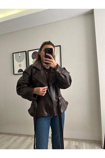 TB Butik Кожено яке с колан, светлокафяво, премиум кожа