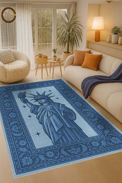 Rugs Modern Halı سجادة ديكور عصرية من MOSSO بنمط تمثال الحرية الأزرق وقاعدة م...