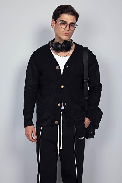 ablukaonline Men's Oversized Button Cardigan Black