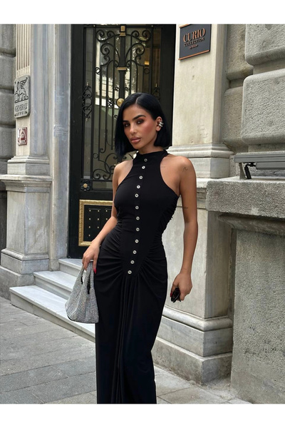 Bak Moda Rochie neagră Sandy cu detaliu cu nasturi