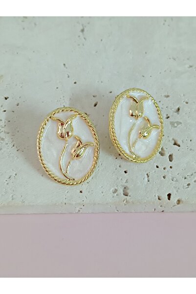 mos&more Cream Enamel Flower Pattern Women's Earrings