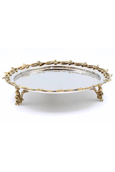 ANTEPSEPETİ Silver Plated Copper Leaf Round Tray
