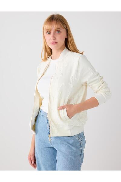 Jimmy Key Ecru Embossed Patterned Zippered Knitted Jacket