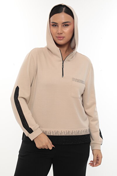 EXİTLİNE Women's Winter Paneled Pocket Hooded Stone Beige Tracksuit Set