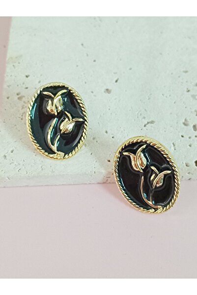 mos&more Black Enamel Flower Pattern Women's Earrings