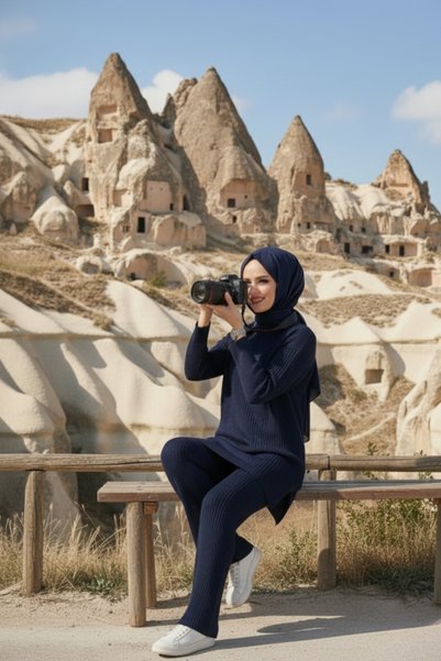 Zeneva Collection Navy Blue Corded Fabric Two Piece Set (Blouse & Pants)