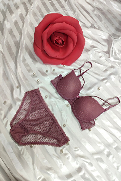 Koza Beyaz Pembe Tül Detaylı Noktalı Kaplı Desteksiz Sütyen Külot Takım