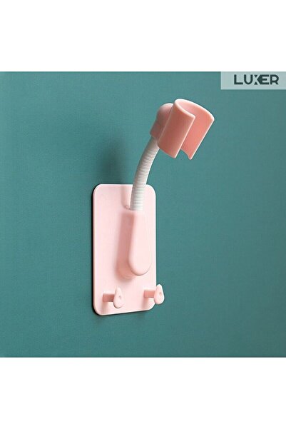 LUXER Self-Adhesive Shower Head Holder with 2 Hooks, 360 Degree Adjustable, Pink