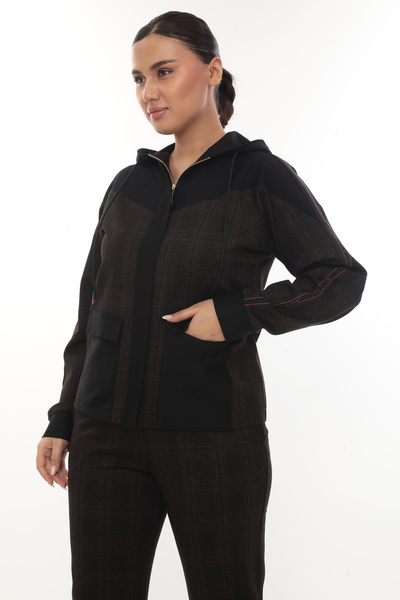 EXİTLİNE Women's Winter Striped Pocket Zippered Hooded Brown Tracksuit Set