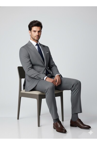 SÜVARİ Slim Fit Torba Pocket Wave Pattern Gray Suit