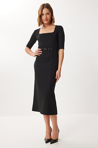 Lovelyİstanbul Belted Slit Fleece-Lined Knitted Dress Lub0324 Black