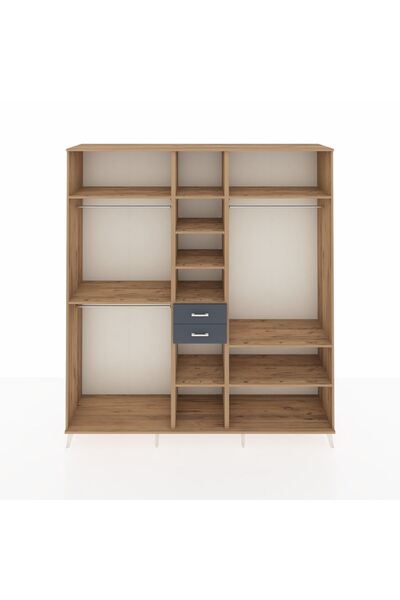 Dienni Hyperion Dolap 10 Raflı 2 Çekmeceli 3 Askılı 220x44x243 Çam-Çam/Antrasit