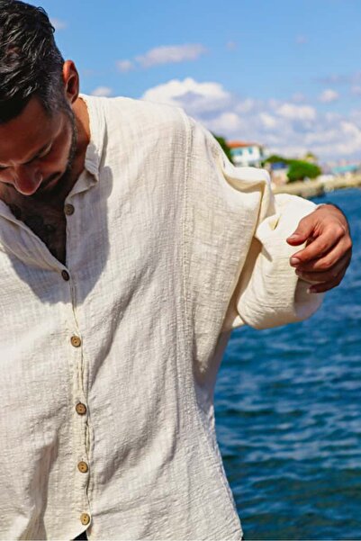 Oiki Krem Oversize Gömlek – Pamuk Keten Karışımı, Bol Kesim, Bohem ve Rahat